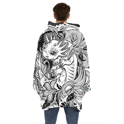 Black And White Axolotl Print Hoodie Blanket