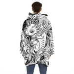 Black And White Axolotl Print Hoodie Blanket