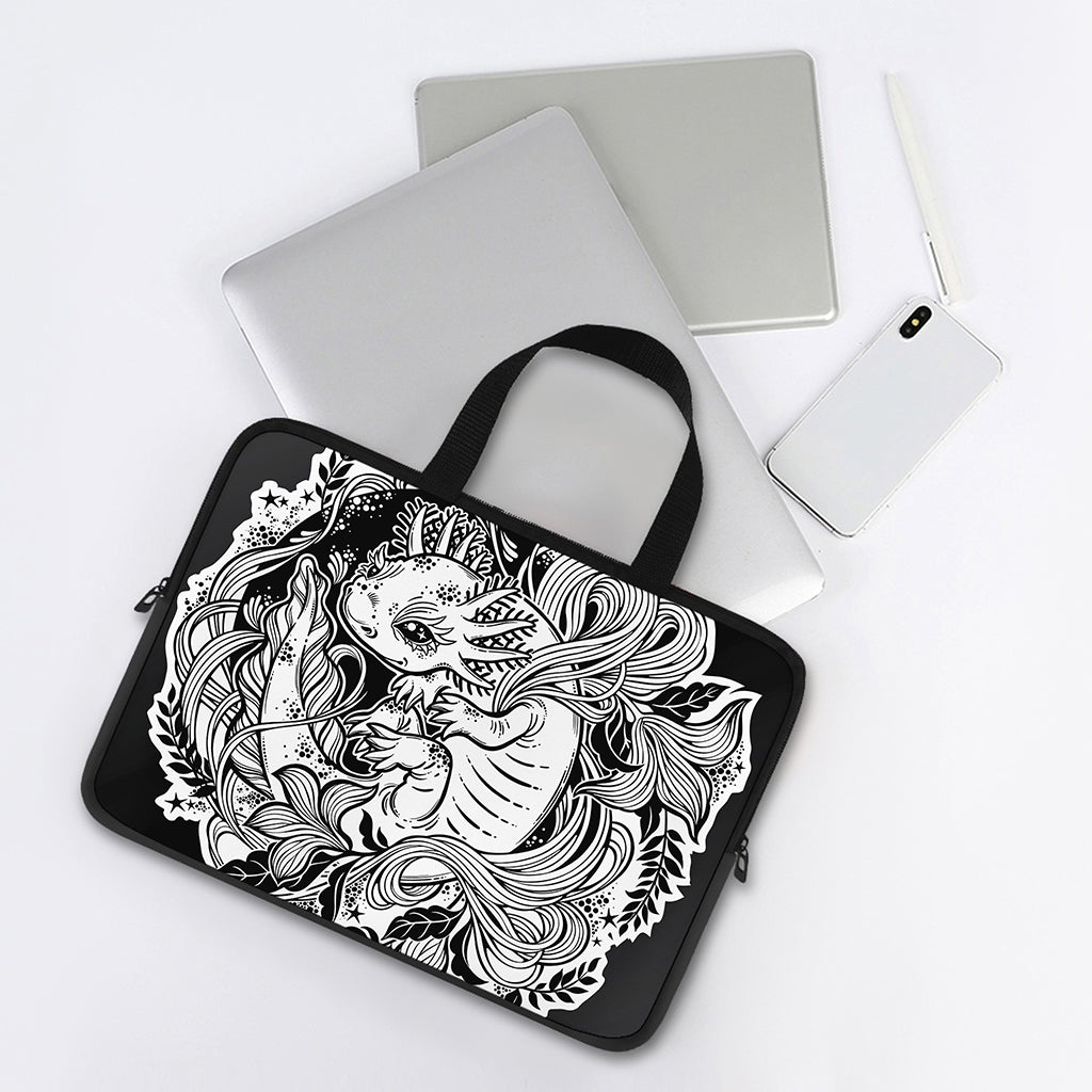 Black And White Axolotl Print Laptop Sleeve With Handle