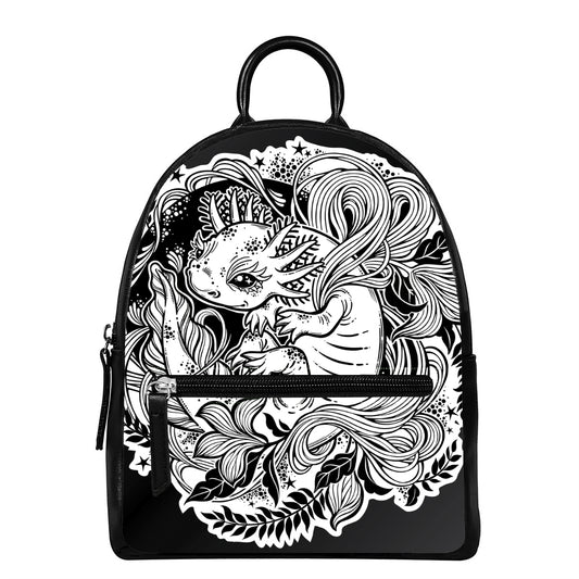 Black And White Axolotl Print Leather Backpack