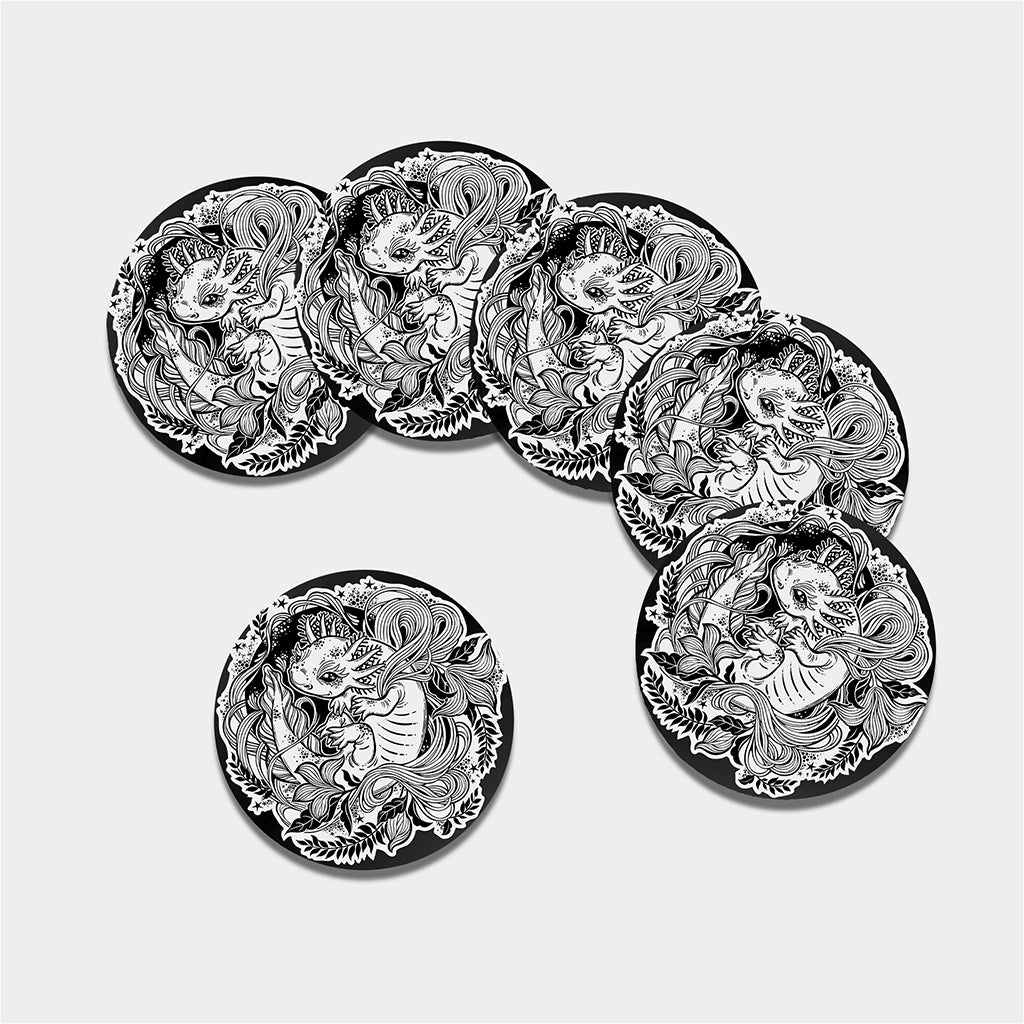 Black And White Axolotl Print Leather Coaster Set