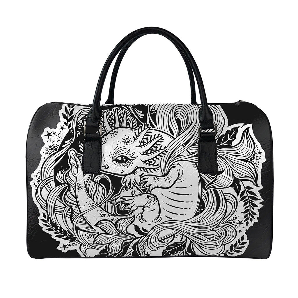 Black And White Axolotl Print Leather Duffle Bag