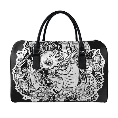 Black And White Axolotl Print Leather Duffle Bag