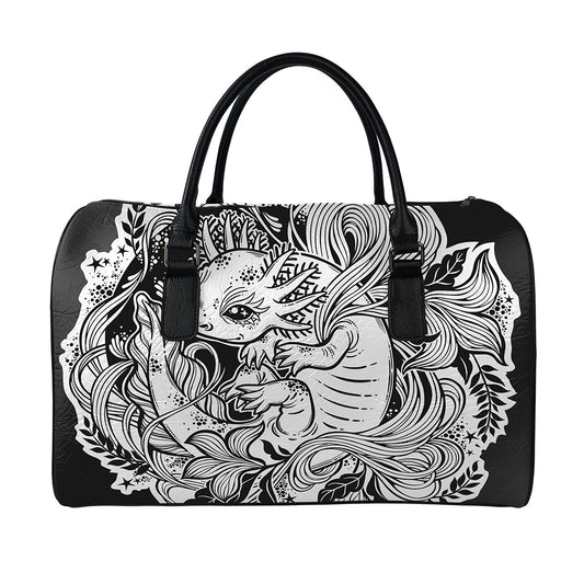 Black And White Axolotl Print Leather Duffle Bag