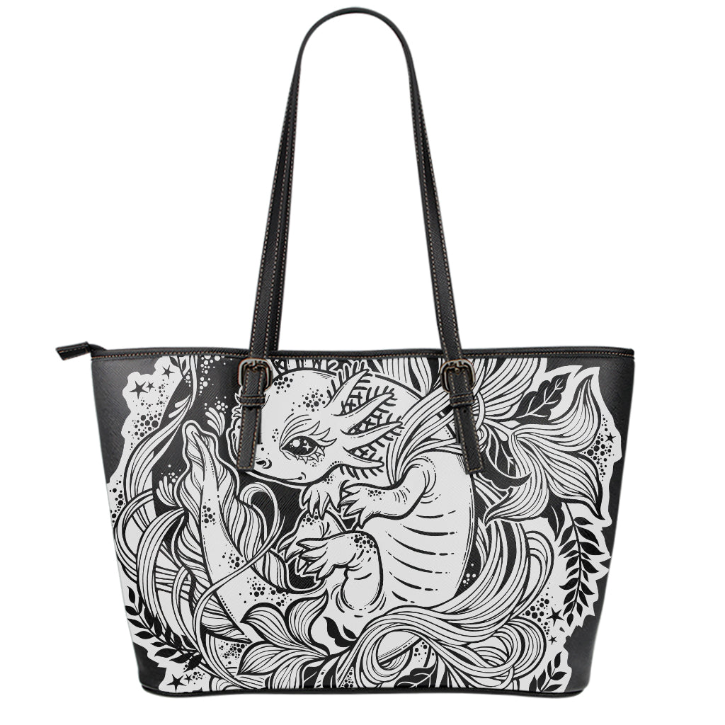 Black And White Axolotl Print Leather Tote Bag