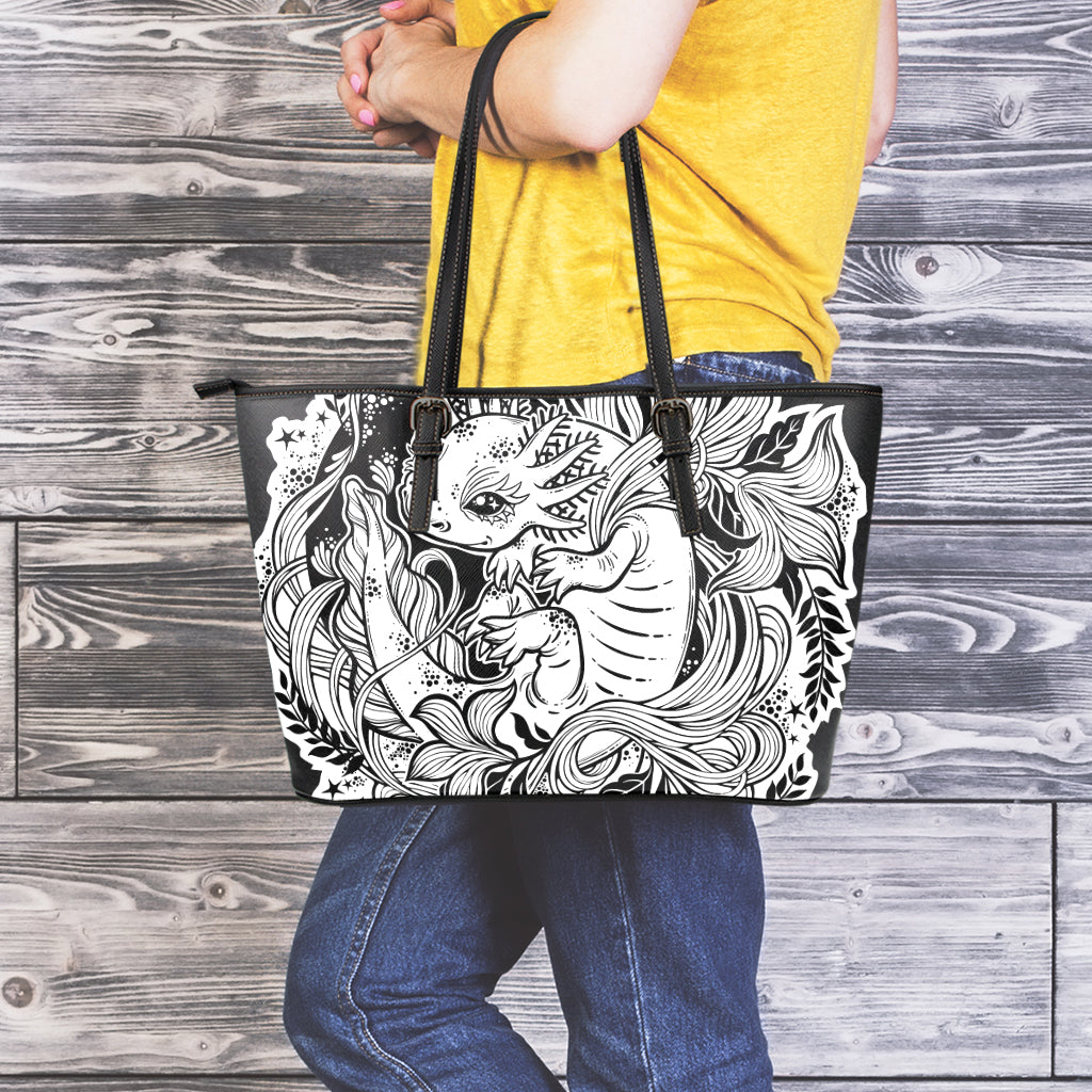 Black And White Axolotl Print Leather Tote Bag