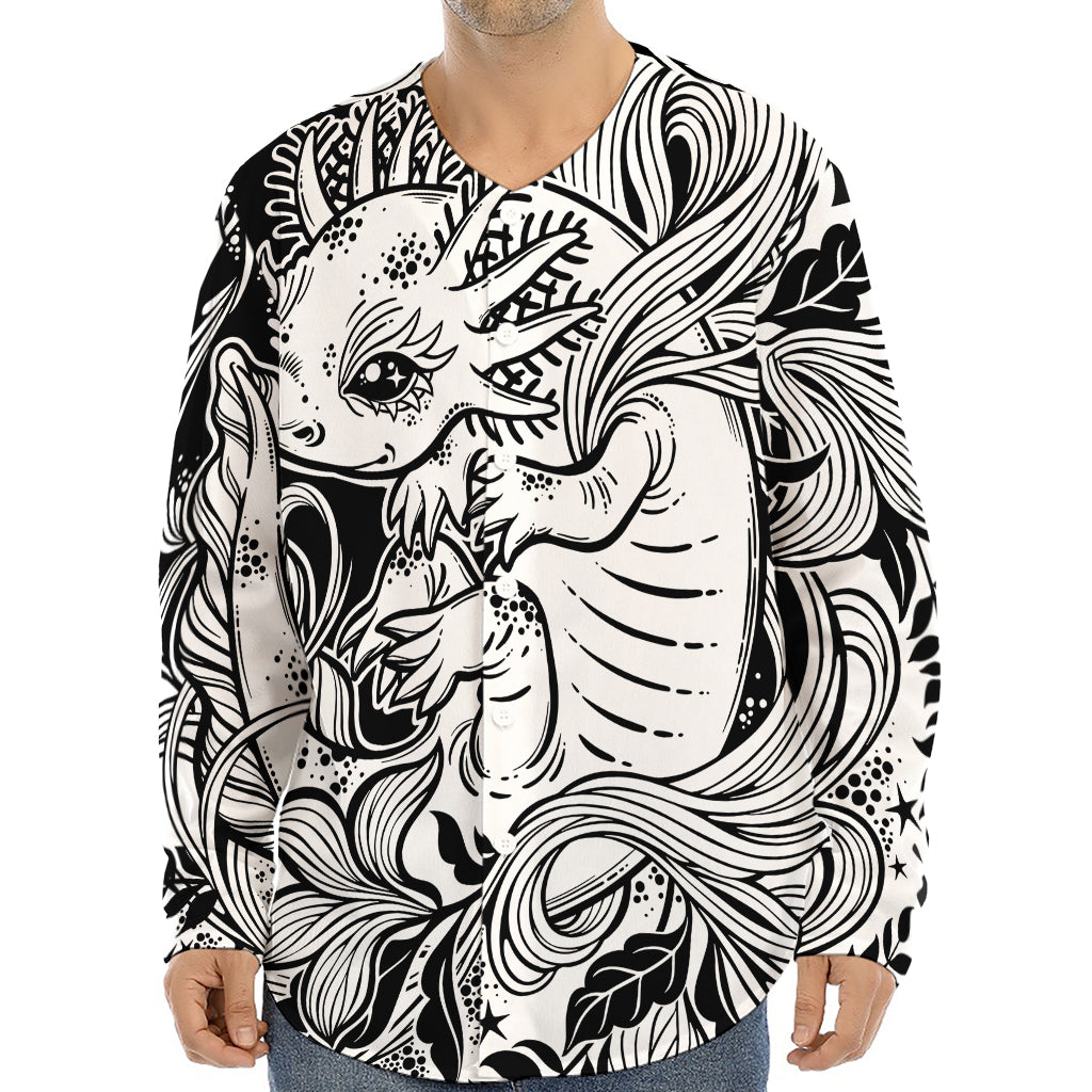 Black And White Axolotl Print Long Sleeve Baseball Jersey