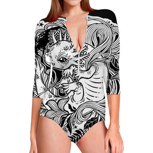 Black And White Axolotl Print Long Sleeve Swimsuit