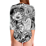 Black And White Axolotl Print Long Sleeve Swimsuit