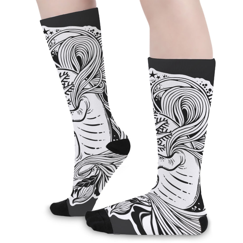 Black And White Axolotl Print Long Socks