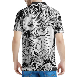 Black And White Axolotl Print Men's Polo Shirt