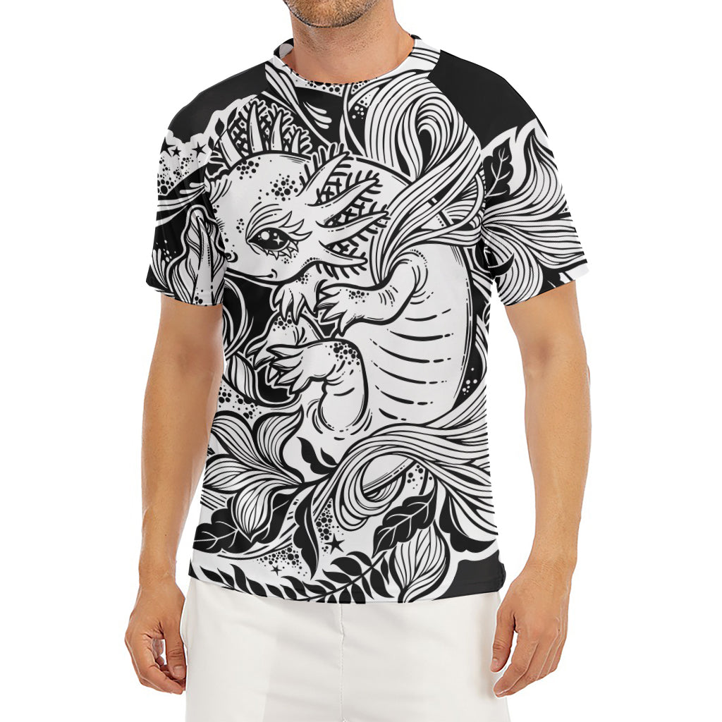 Black And White Axolotl Print Men's Short Sleeve Rash Guard