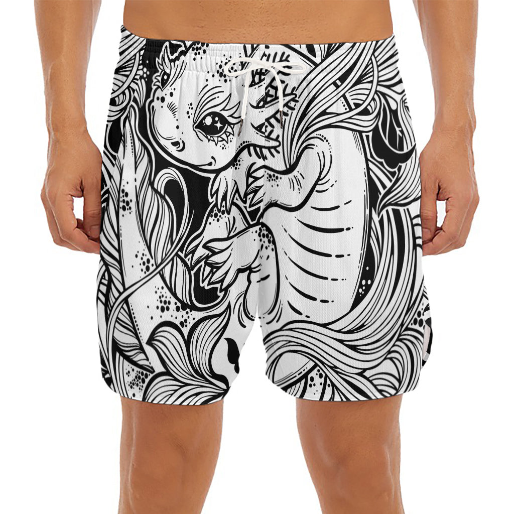 Black And White Axolotl Print Men's Split Running Shorts