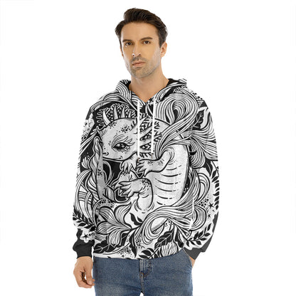 Black And White Axolotl Print Men's Velvet Pullover Hoodie