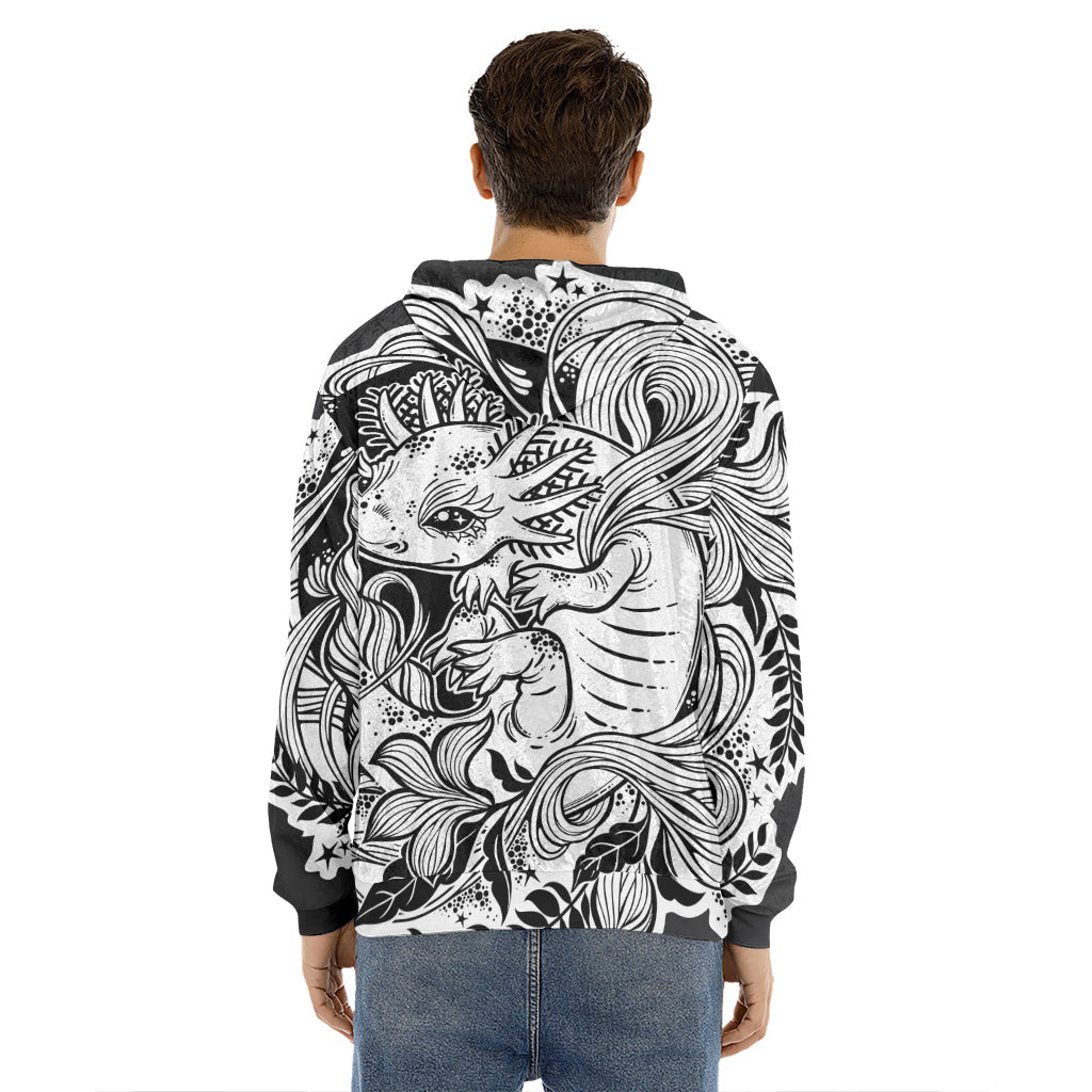 Black And White Axolotl Print Men's Velvet Pullover Hoodie