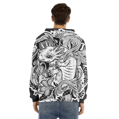 Black And White Axolotl Print Men's Velvet Pullover Hoodie