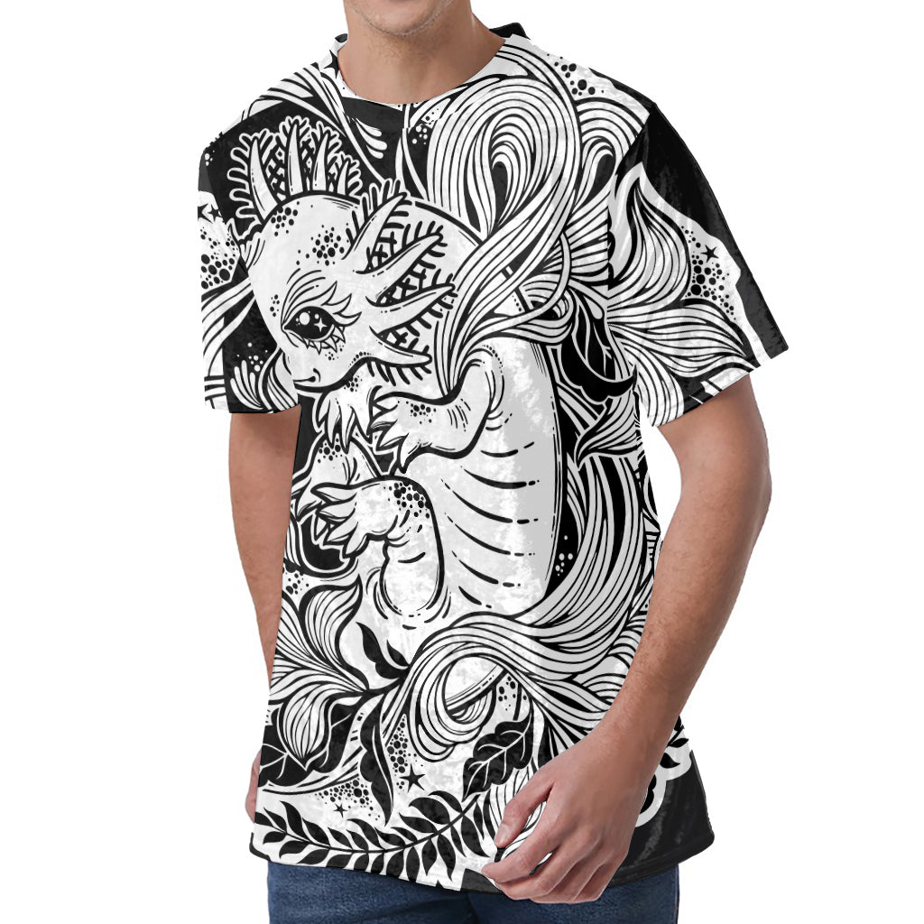 Black And White Axolotl Print Men's Velvet T-Shirt