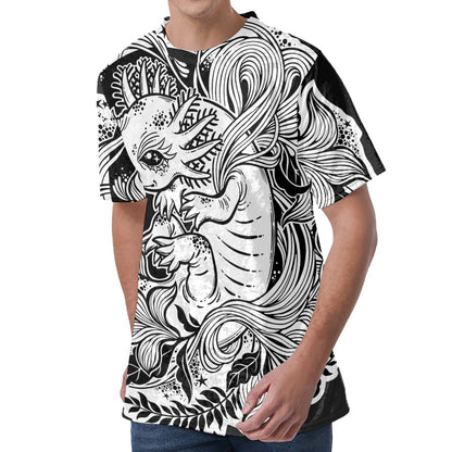 Black And White Axolotl Print Men's Velvet T-Shirt