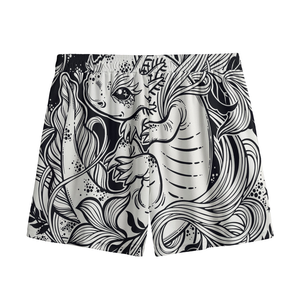 Black And White Axolotl Print Mesh Shorts