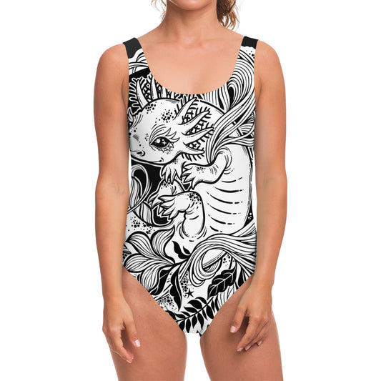 Black And White Axolotl Print One Piece Swimsuit