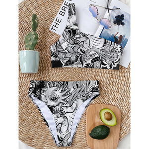 Black And White Axolotl Print One Shoulder Bikini Top