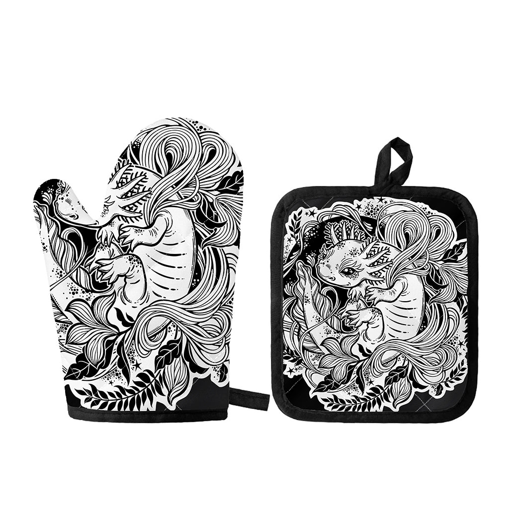 Black And White Axolotl Print Oven Mitt And Pot Holder Set