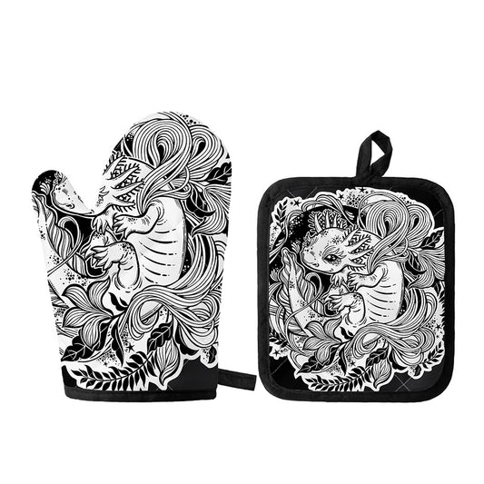 Black And White Axolotl Print Oven Mitt And Pot Holder Set