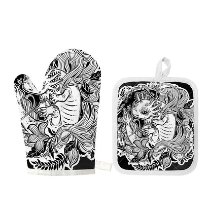Black And White Axolotl Print Oven Mitt And Pot Holder Set