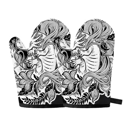 Black And White Axolotl Print Oven Mitts