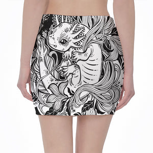 Black And White Axolotl Print Pencil Mini Skirt