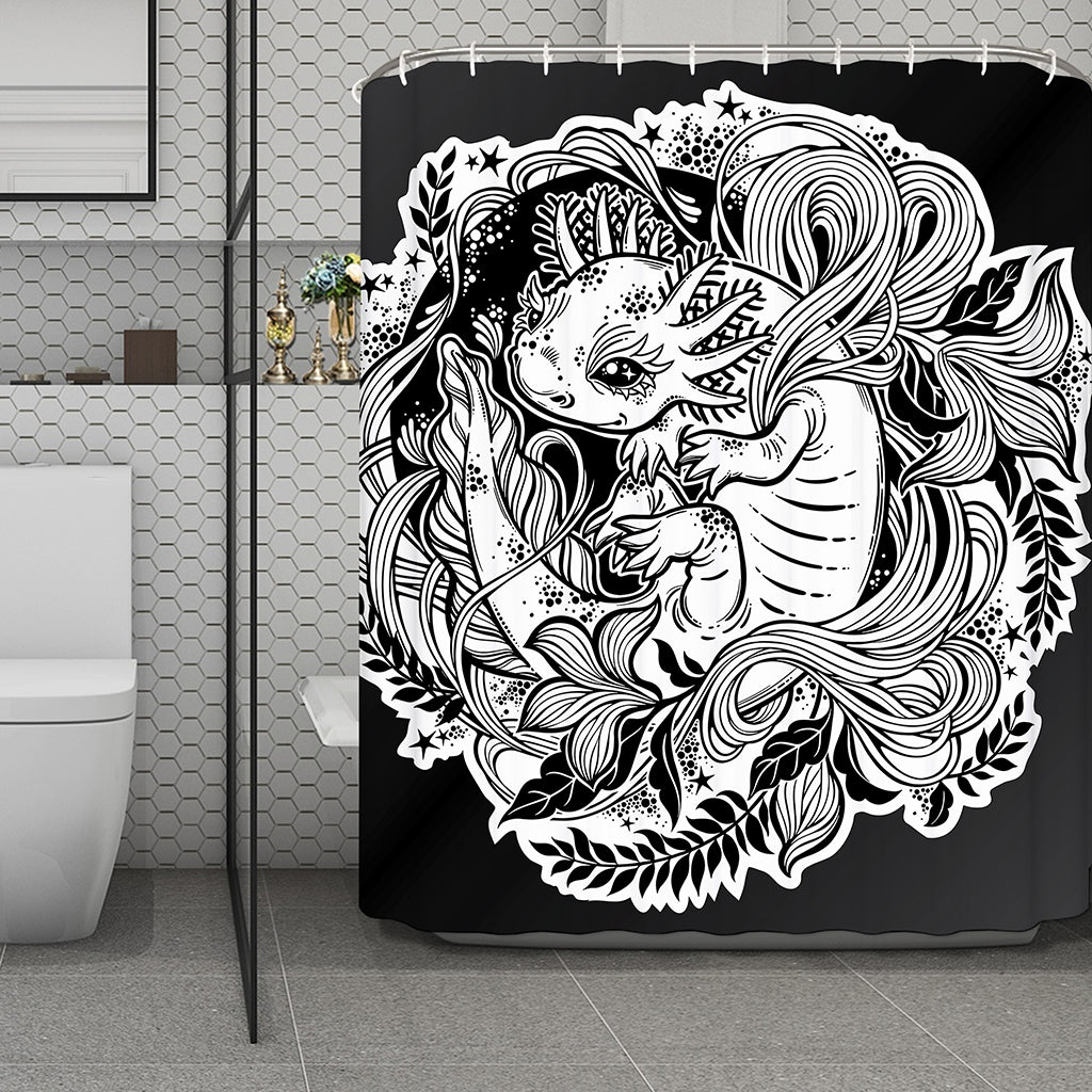Black And White Axolotl Print Polyester Shower Curtain