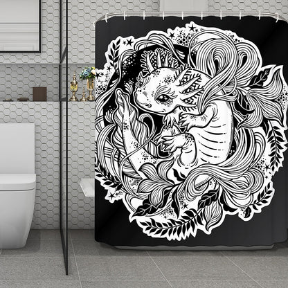 Black And White Axolotl Print Polyester Shower Curtain