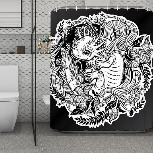 Black And White Axolotl Print Polyester Shower Curtain