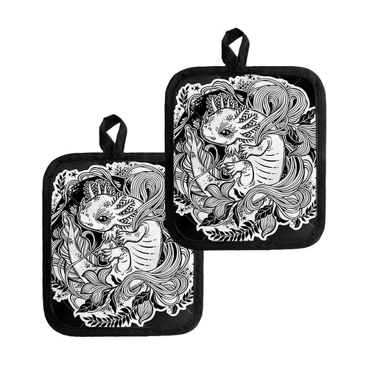 Black And White Axolotl Print Pot Holders