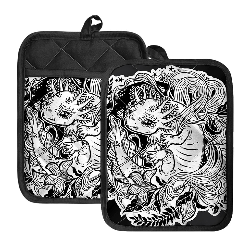 Black And White Axolotl Print Pot Holders With Pocket