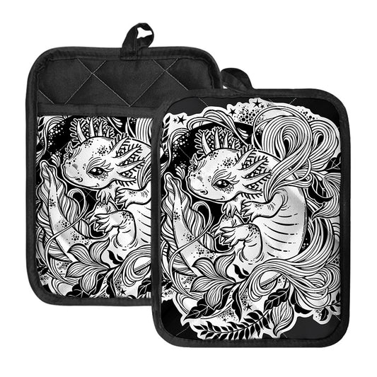 Black And White Axolotl Print Pot Holders With Pocket