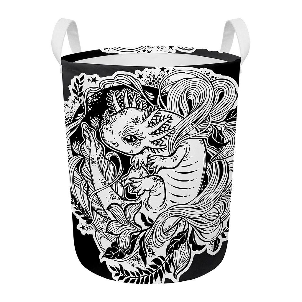 Black And White Axolotl Print Round Laundry Basket