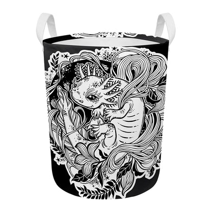 Black And White Axolotl Print Round Laundry Basket