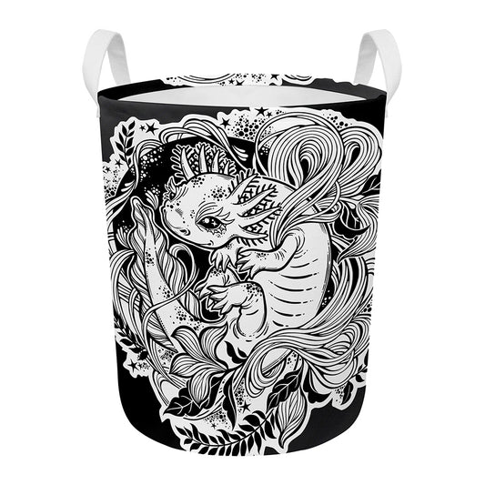 Black And White Axolotl Print Round Laundry Basket