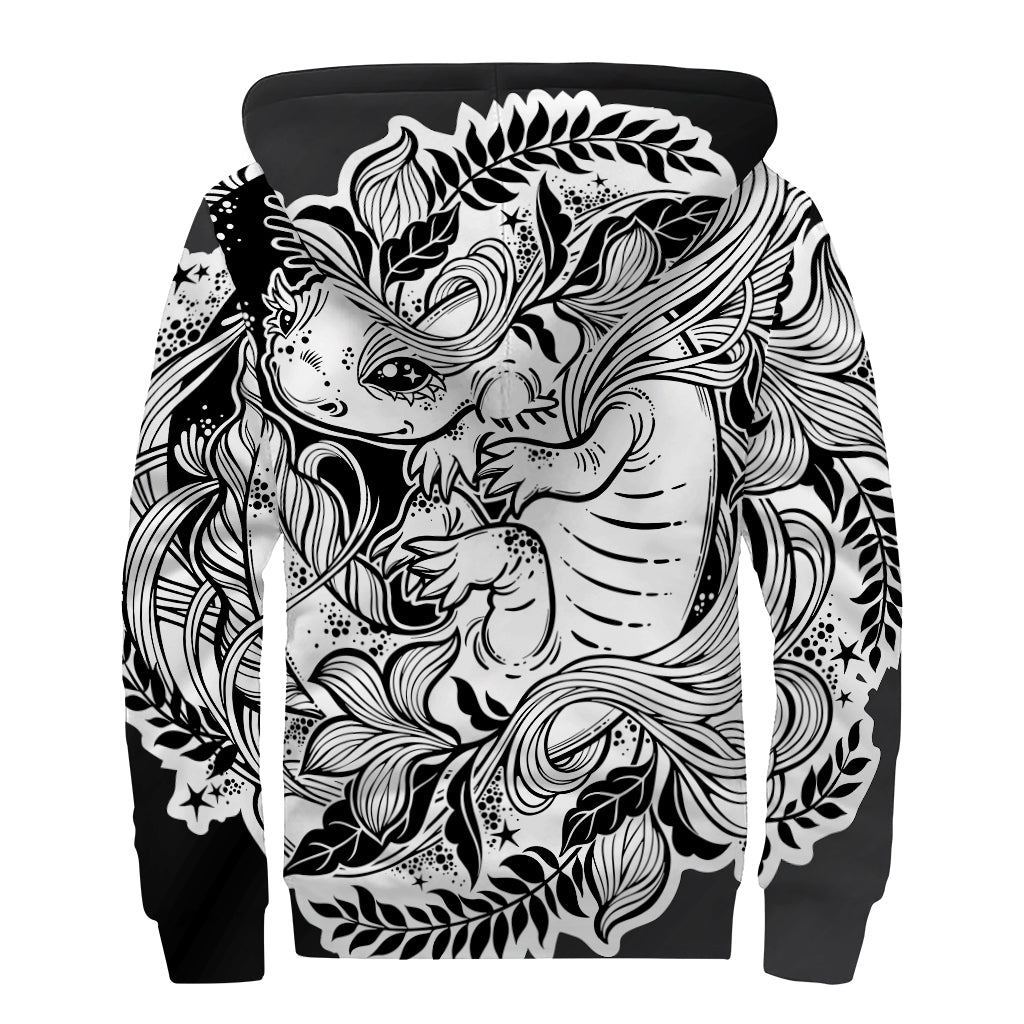 Black And White Axolotl Print Sherpa Lined Zip Up Hoodie