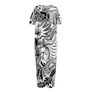 Black And White Axolotl Print Short Sleeve Long Nightdress