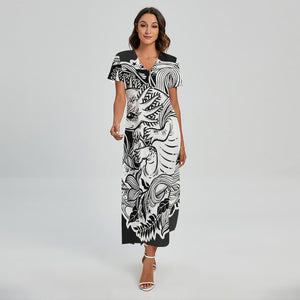 Black And White Axolotl Print Short Sleeve Maxi Dress