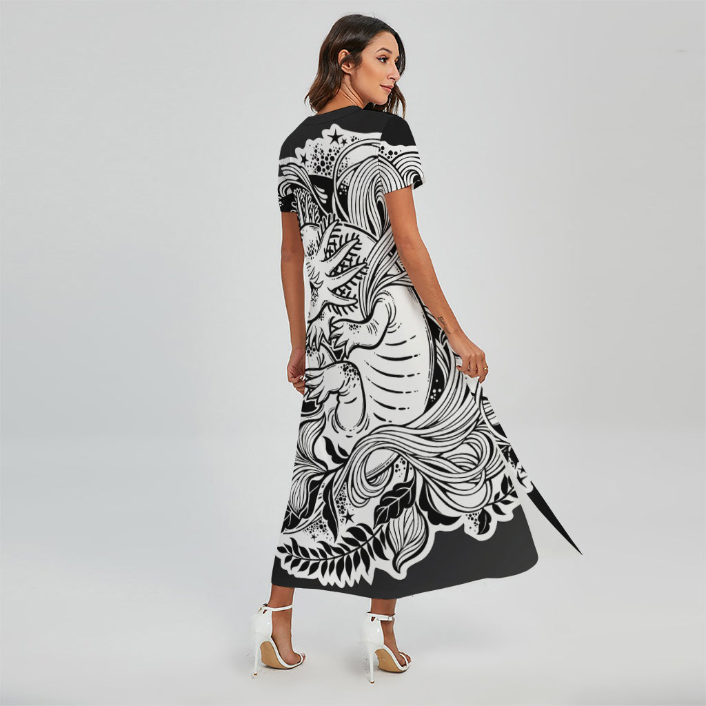 Black And White Axolotl Print Short Sleeve Maxi Dress