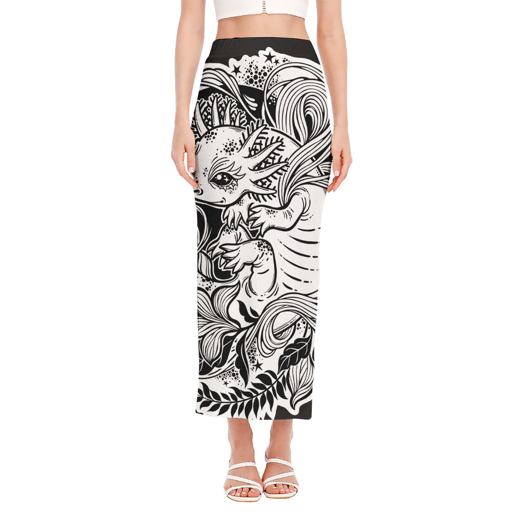 Black And White Axolotl Print Side Slit Maxi Skirt