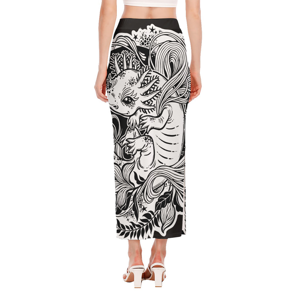 Black And White Axolotl Print Side Slit Maxi Skirt