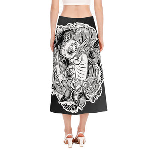 Black And White Axolotl Print Side Slit Midi Skirt