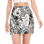 Black And White Axolotl Print Side Slit Mini Skirt