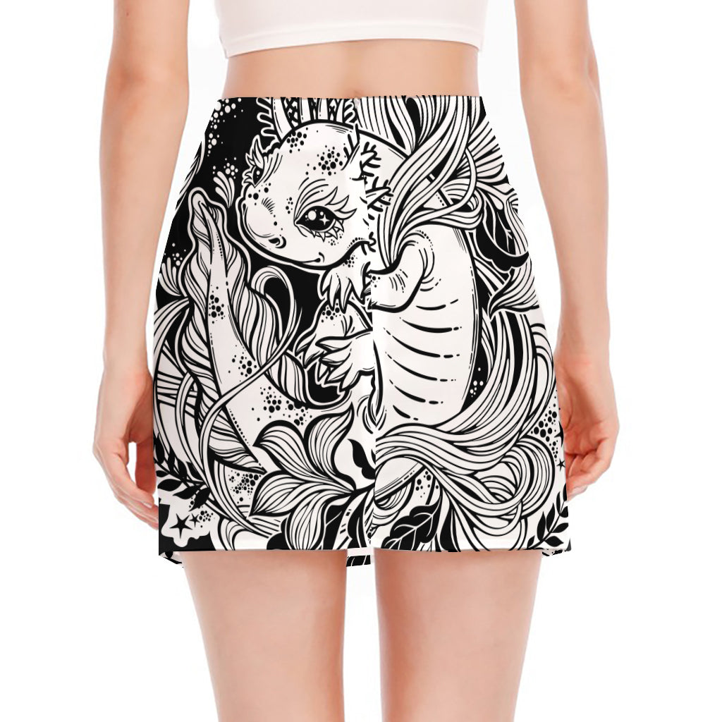 Black And White Axolotl Print Side Slit Mini Skirt