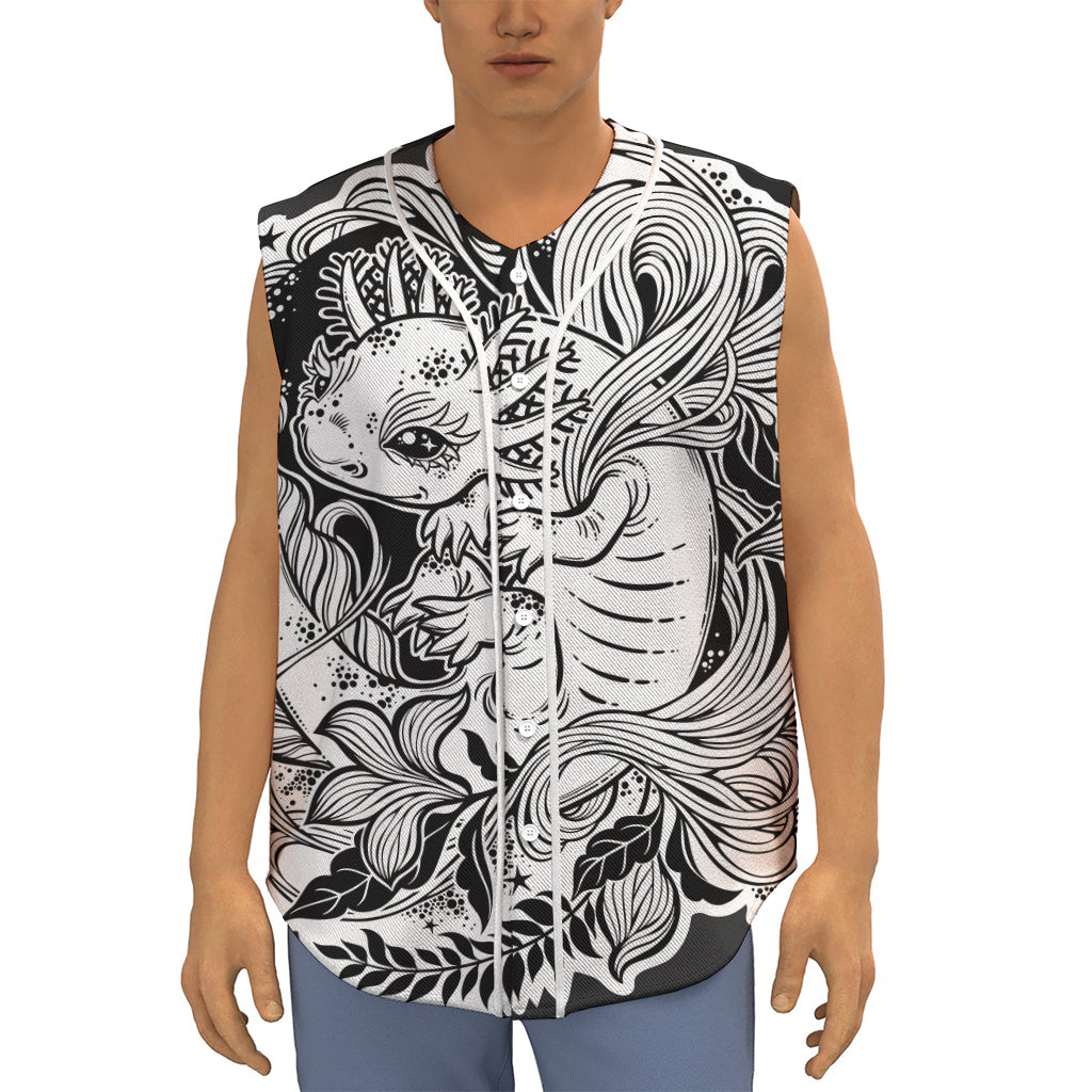 Black And White Axolotl Print Sleeveless Baseball Jersey