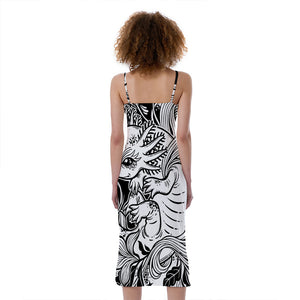 Black And White Axolotl Print Slim Fit Midi Cami Dress